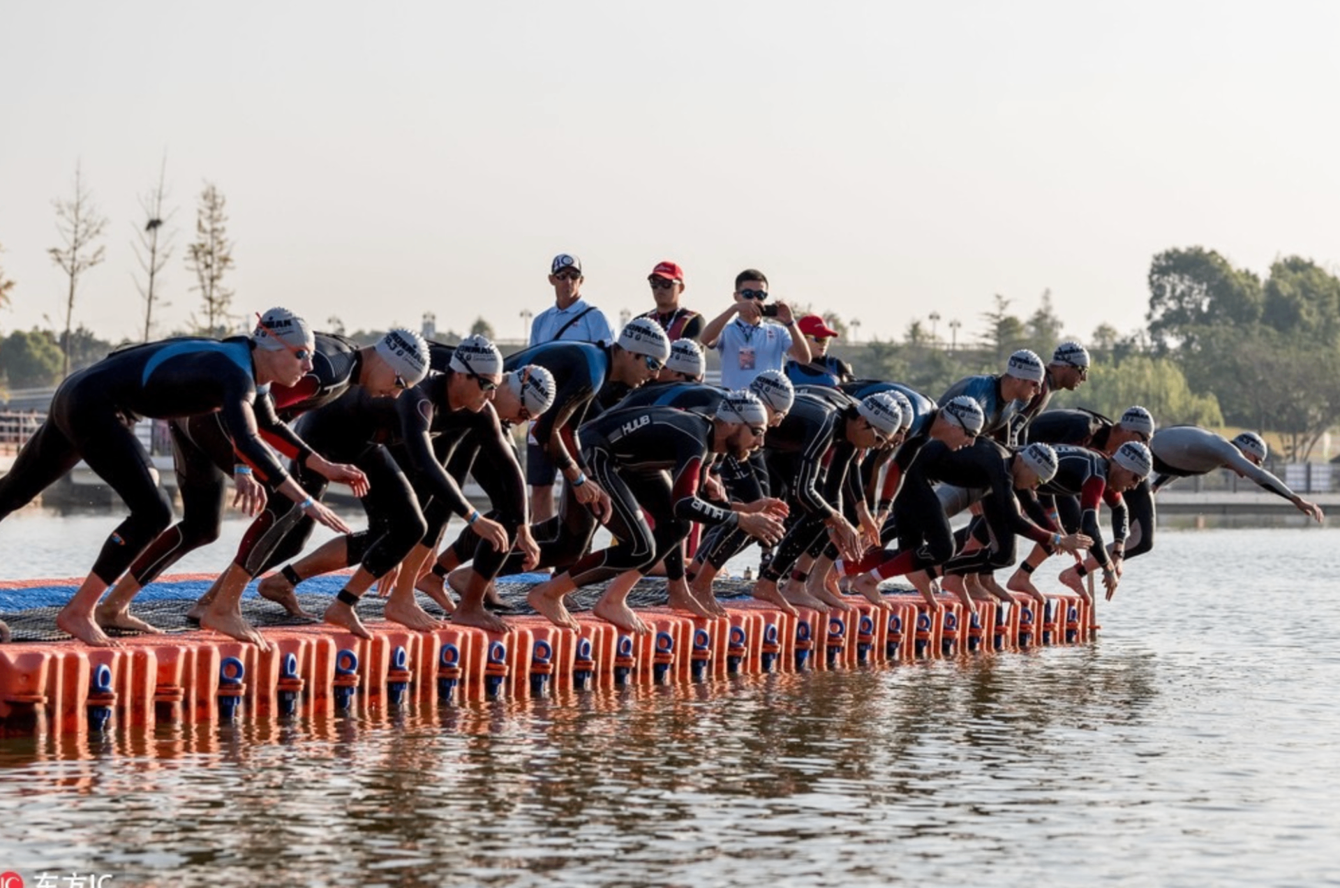 Breno Melo on the IRONMAN 70.3 professional swim start pontoon moments before the gun