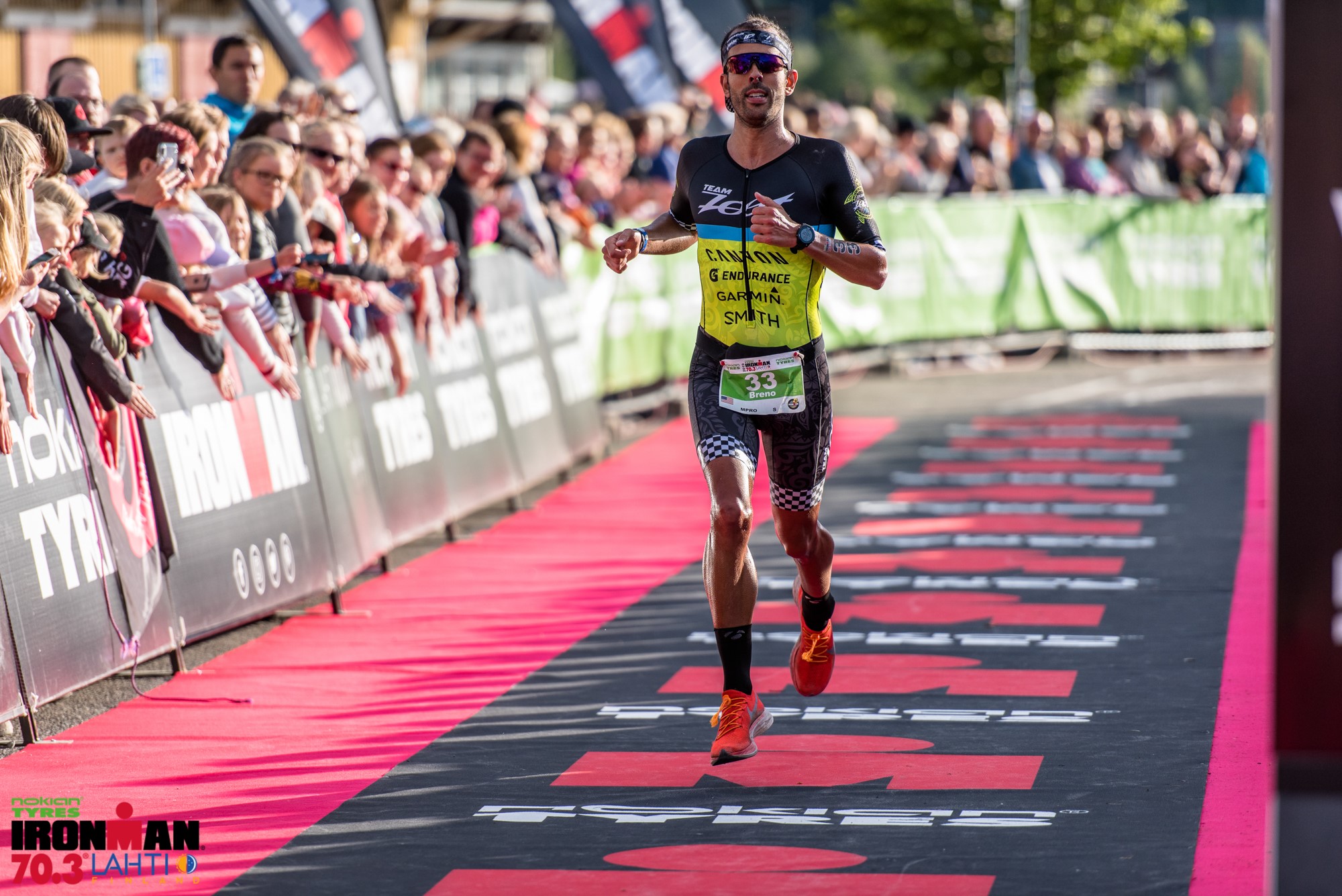 Breno Melo finishing IRONMAN 70.3 Lahti World Championship as a professional athlete
