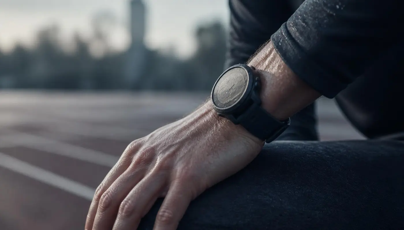 Runner checking a sports watch after an interval session on the track