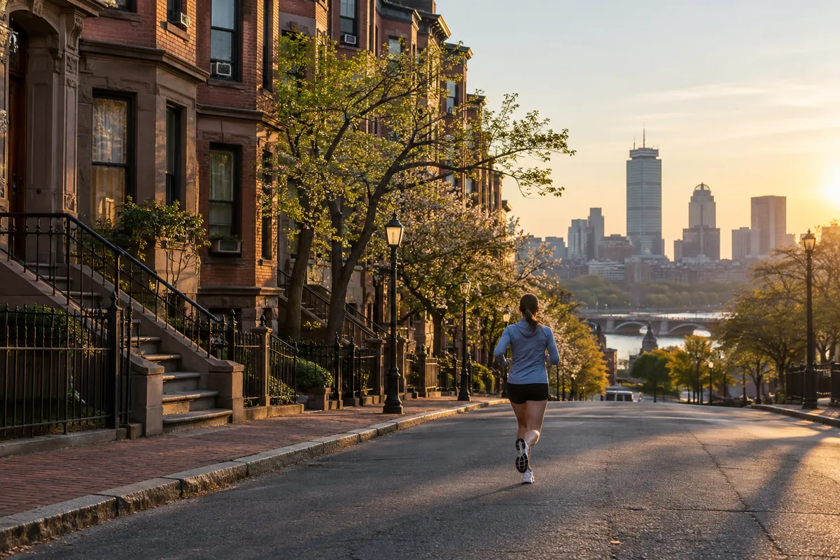 AI-generated editorial illustration: Runner on a fictional Boston-inspired brownstone street.