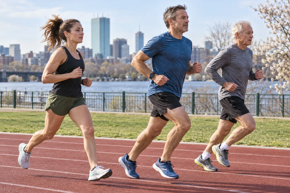 AI-generated editorial illustration: Runners of different ages sharing a track session.