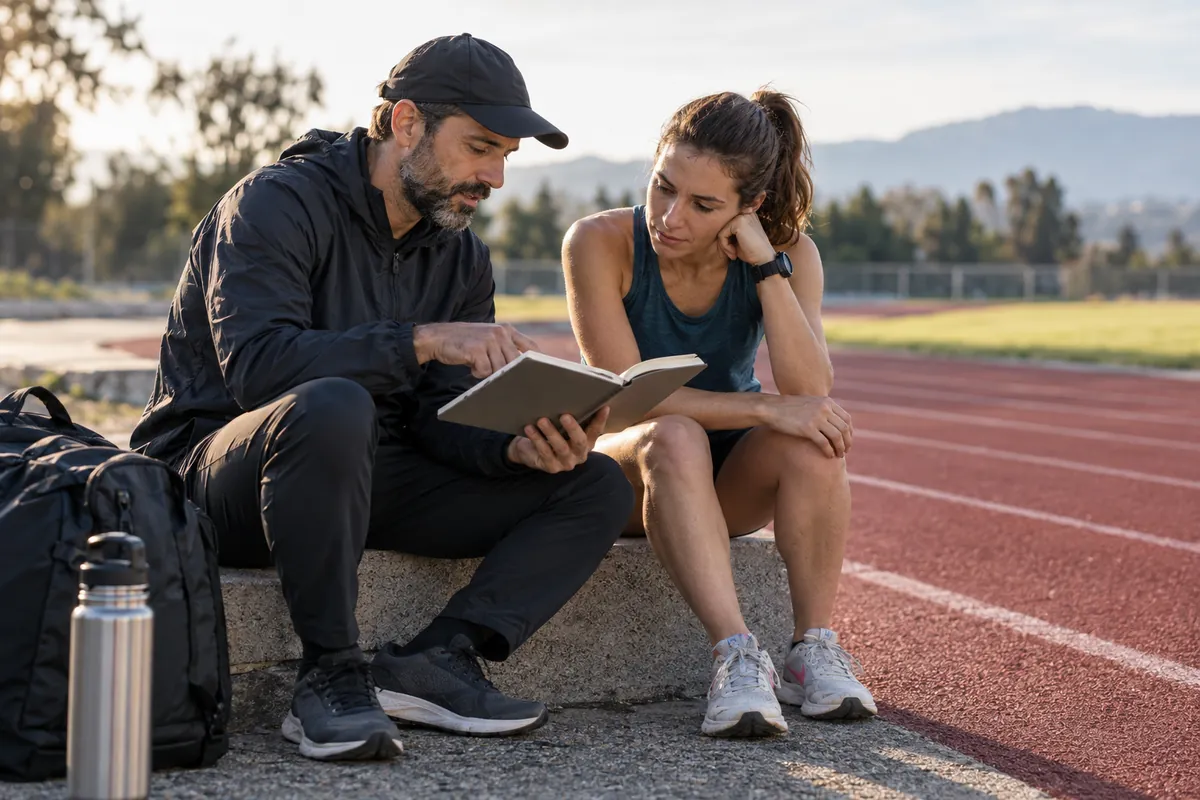 AI-generated editorial illustration: Coach and runner reviewing a notebook beside a track.