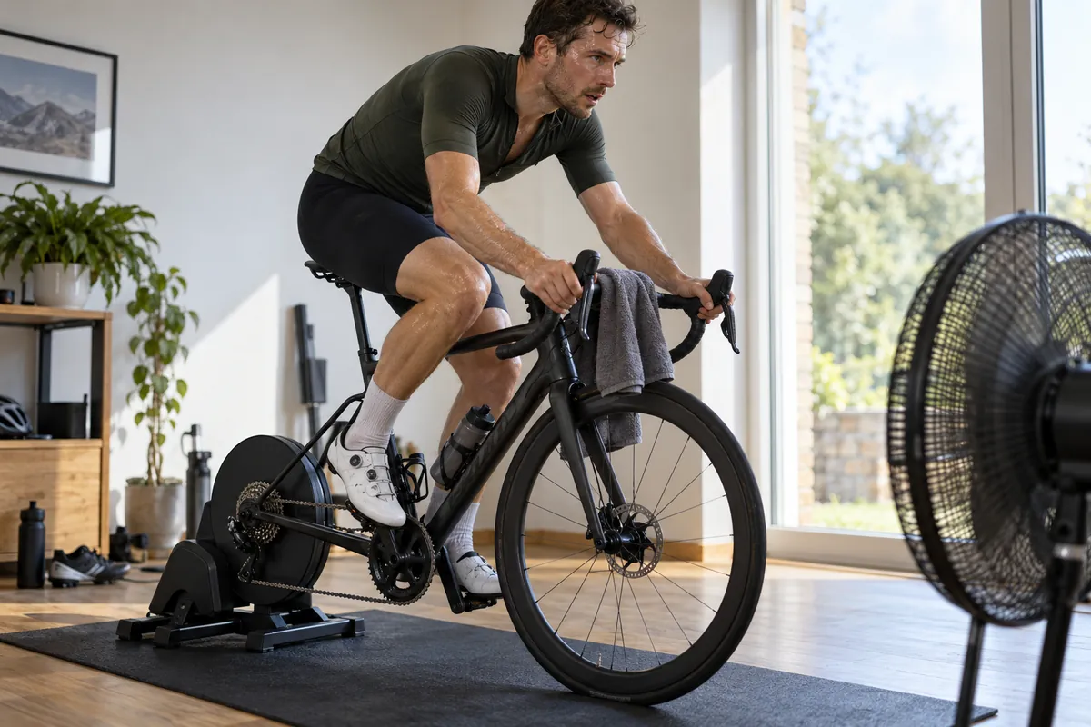 AI-generated editorial illustration: Cyclist training indoors with a fan and direct-drive trainer.