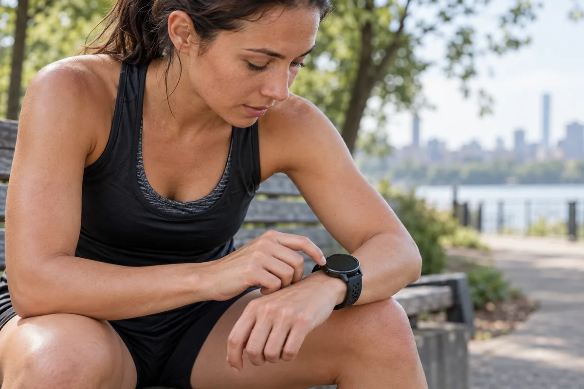 AI-generated editorial illustration: Runner checking a sports watch while resting on a bench.