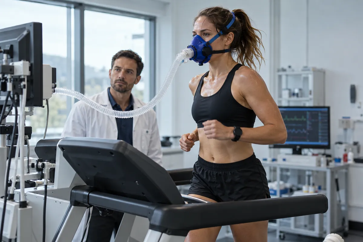 AI-generated editorial illustration: Runner wearing a metabolic testing mask in a supervised laboratory.