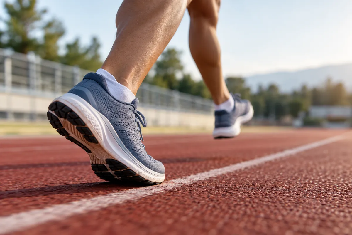 AI-generated editorial illustration: Close view of running shoes in stride on an athletics track.