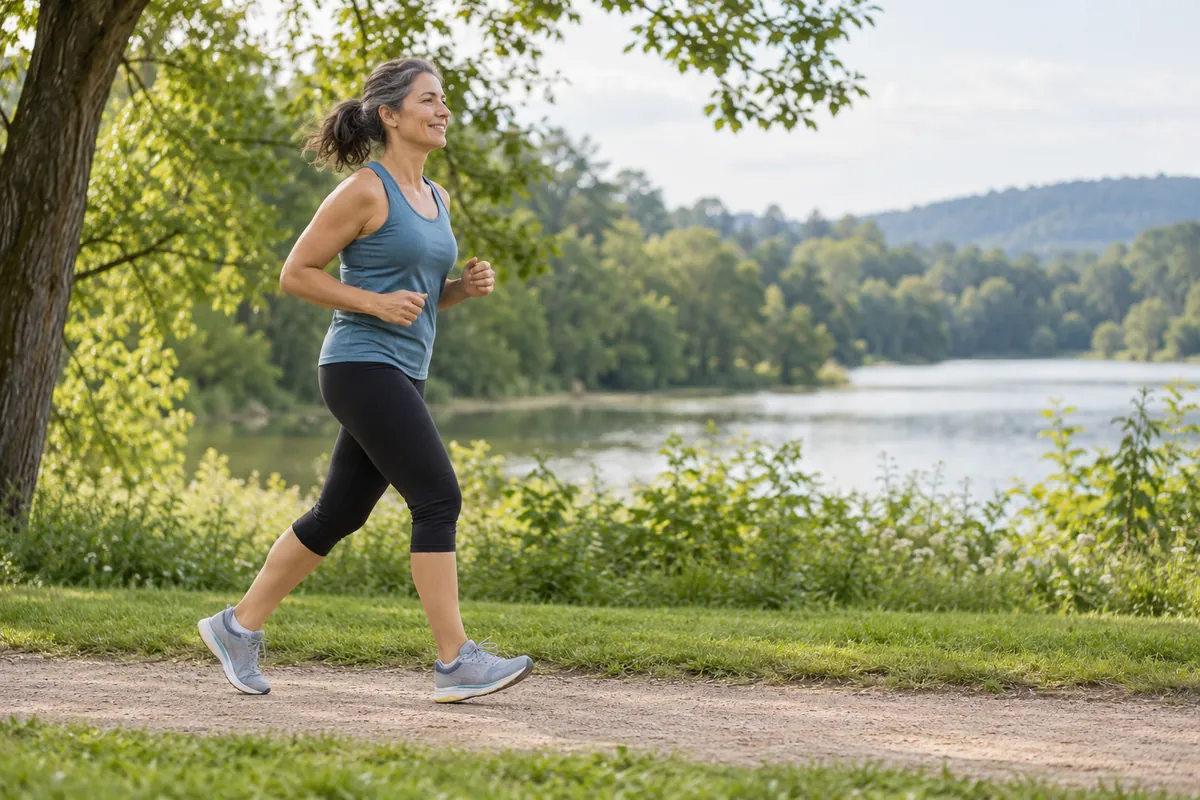 AI-generated editorial illustration: Runner moving at a relaxed pace beside a lake.